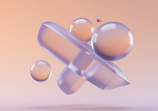 Abstract 3d render of translucent purple geometric shape intersecting with floating glossy spheres against a soft gradient background