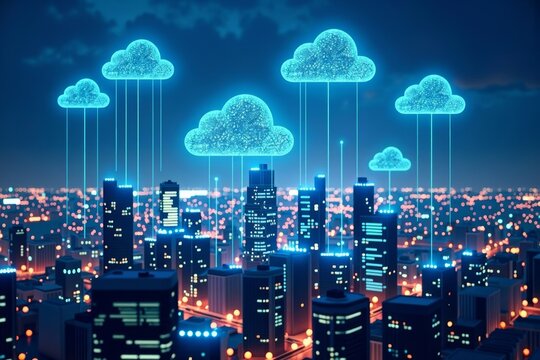 Abstract urban landscape showcasing cloud computing and SaaS with digital clouds above the skyline