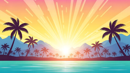 Fototapeta premium Vibrant tropical island getaway with palm trees at sunset