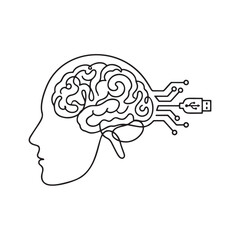 Minimalist line art of a human head silhouette with a brain morphing into a circuit board leading to a USB plug. Represents artificial intelligence, technology integration, and human machine interface