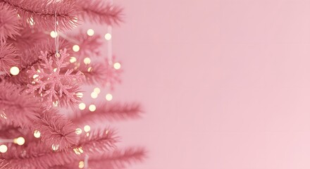 Delicate pink christmas tree branches adorned with warm white twinkling lights