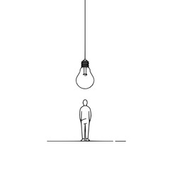 Minimalist line art of a person standing under a hanging light bulb