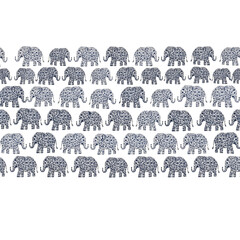 Fototapeta premium Pattern of stylized elephants arranged in rows on a white background, detailed illustration on transparent background