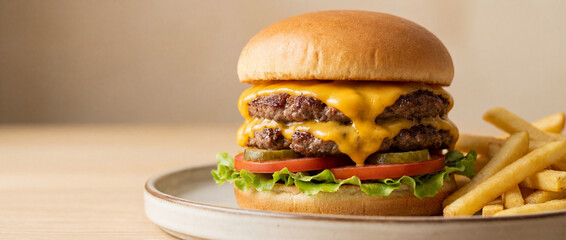 Gourmet double cheeseburger in sharp focus with fries and warm neutral backdrop.