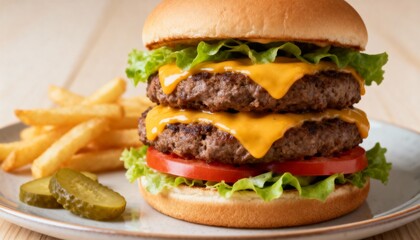 Gourmet double cheeseburger in sharp focus with fries and warm neutral backdrop.