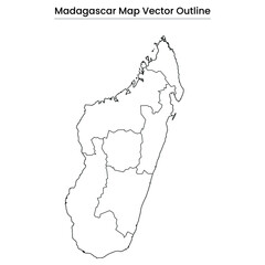 Madagascar Map Vector Outline Country Border, Regions, Editable Line Art