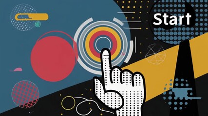 Abstract Start Button Animation with Hand Cursor Pressing. - Powered by Adobe