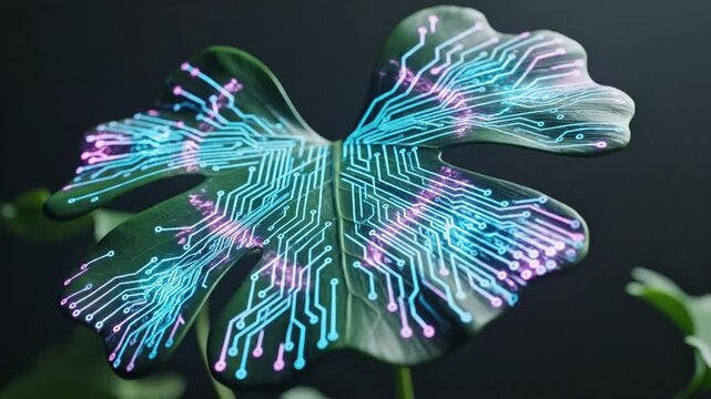 Green leaf overlaid with digital circuit board pattern represents future tech
