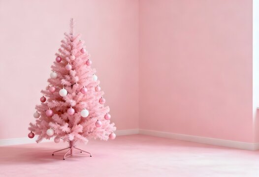 Soft pink artificial christmas tree adorned with delicate ornaments in a pastel room