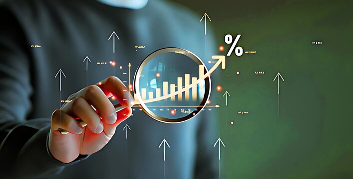 Business Growth Analytics Displayed Through Magnifying Glass and Rising Chart Indicators