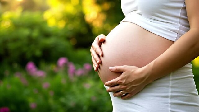 Pregnant woman cradling her baby bump outdoors, serene nature background