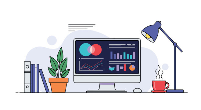 Animated modern workspace with a computer displaying data analytics, a lamp, plant, and coffee, illustrating business and productivity.