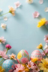 Fototapeta premium Colorful Easter Eggs Surrounded by Flowers on a Bright Spring Day