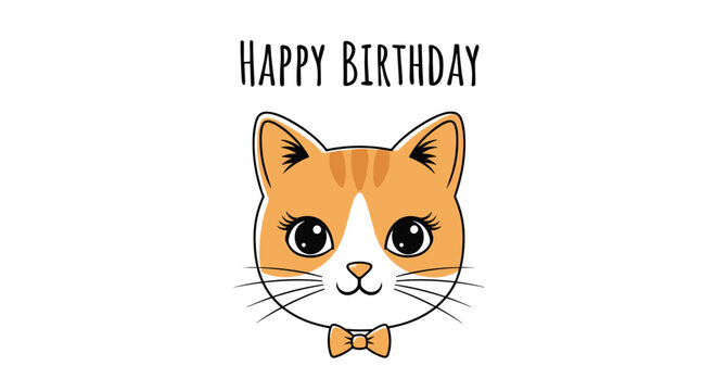 Happy Birthday message with a cute animated ginger cat face wearing a bow tie, a charming and adorable greeting card for cat lovers.