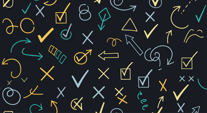 Seamless pattern of hand-drawn doodle checkmarks, crosses, and arrows in yellow, blue, and white on a dark gray background.