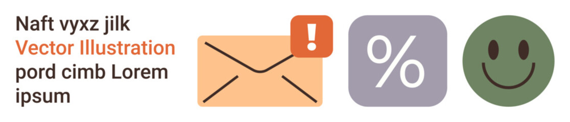 Communication, alert notifications, marketing, email correspondence, data analysis, positive feedback. Mail envelope with alert, percentage symbol happy face. Communication and alert notifications