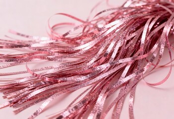 Close up of shimmering rose gold metallic fringe streamers cascading and flowing