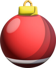 A glossy red Christmas ornament with a yellow cap and a white curved stripe near the bottom is shown against