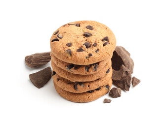 Delicious chocolate chip cookies and pieces of chocolate isolated on white