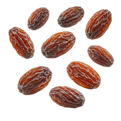 Five to seven dark brown dried raisins with intricate wrinkled textures, floating in mid-air against a transparent studio background with soft shadows, macro shot. Concept of a healthy snack