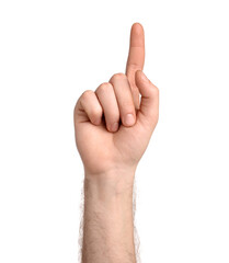 Man pointing at something on white background, closeup