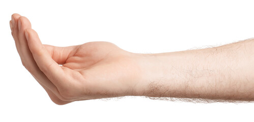 Man holding something on white background, closeup