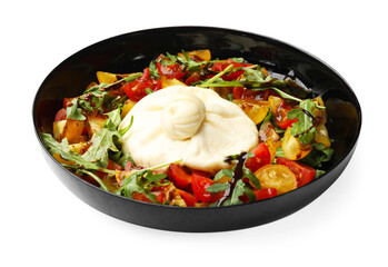 Delicious burrata cheese with arugula, tomatoes and dressing isolated on white