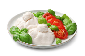 Delicious burrata cheese with basil and tomatoes isolated on white