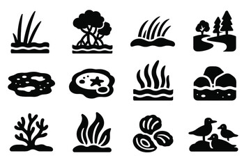 Obraz premium Coastal Habitat Icons. Solid style icons of Coastal Habitats: Salt Marsh, Mangrove, Dune Grass, Estuary, Mudflat, Tidal Pool,