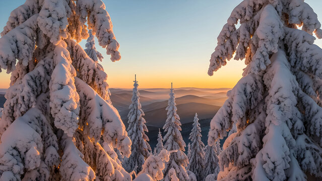Snow covered pine trees overlooking a mountain range at sunset in the winter time - Powered by Adobe