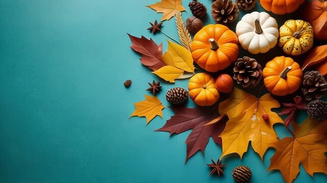 Autumnal Abundance - Pumpkins, Leaves, and Pine Cones on Teal Background.