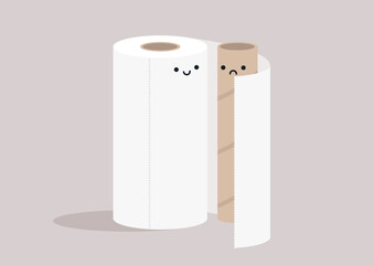 Cheerful paper towel stands together with a sad empty roll, creating a playful scene of household essentials in a cozy kitchen setting
