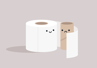 In a playful bathroom atmosphere, a roll of toilet paper comforts a lonely cardboard tube that looks sad, creating a charming scene.