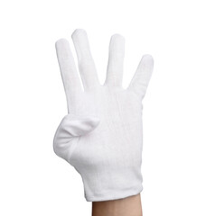 Woman in cloth glove showing number four with her hand against white background, closeup