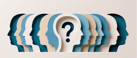 Question about mental and mind, Psychology and brain science, Question mark and stacked person head silhouettes
