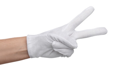 Woman in cloth glove showing number two with her hand against white background, closeup