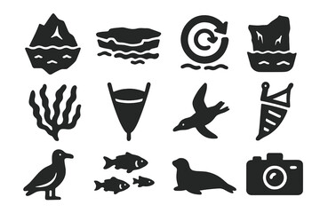 Obraz premium Polar Marine Icons. Solid style icons of Polar marine ecosystem: icebergs, pack ice, cold currents, glacial front, floating algae,