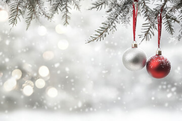 Snowy Branches with Red and Silver Christmas Baubles