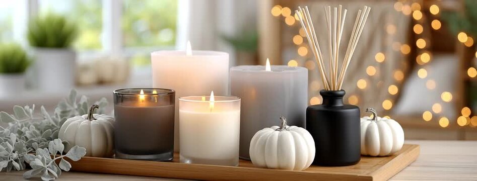 Candles of various sizes are arranged with pumpkins and greenery to create a cozy fall environment with soft lighting