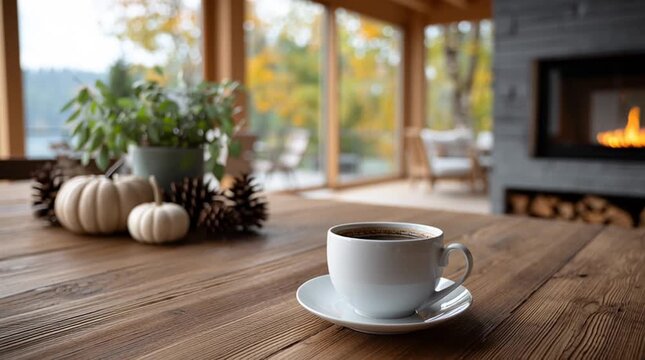 Enjoy a peaceful moment as warm coffee sits on a wooden table beside autumn decor and a glowing fireplace