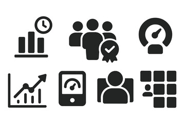 Class Session Icons. Solid style icons of class session visualizers: bar chart with time glyph, attendance icon, progress badge.