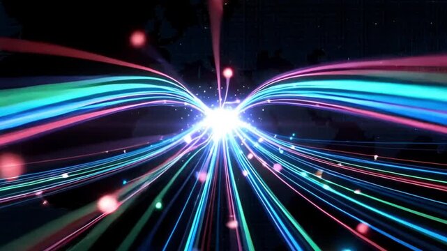 Abstract digital data stream flowing across a dark world map background with bright light