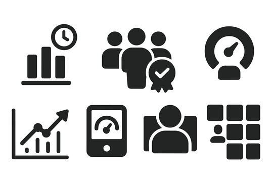 Class Session Icons. Solid style icons of class session visualizers: bar chart with time glyph, attendance icon, progress badge.
