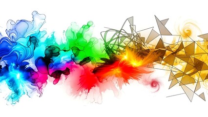Abstract colorful splashes and geometric shapes forming a dynamic visual composition