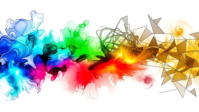 Abstract colorful splashes and geometric shapes forming a dynamic visual composition