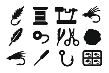 Fly Fishing Craft Icons. Solid style icons of fly fishing lure crafting: feathered hook, thread spool, tying vise, crafted lure,