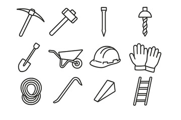 Obraz premium Quarry Tool Icons. Line style icons of quarry tools: pickaxe, sledgehammer, chisel, drill bit; shovel, wheelbarrow, safety helmet,