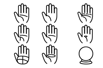Obraz premium Chiromancy Icon Set. Line style icons of Chiromancy: Palm Creases, Life Line, Hand Mounts, Future Prediction; Heart Line, Head