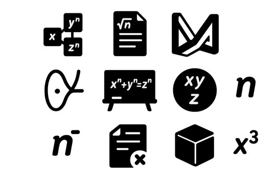 Fermat's Theorem Icons. Solid style icons of Fermat's Last Theorem: xⁿ+yⁿ=zⁿ diagram, proof manuscript, impossible triangle,