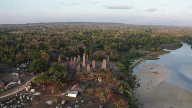 Aerial drone footage of the village of Ratenggaro with the traditional houses at the western site of Sumba island, Indonesia